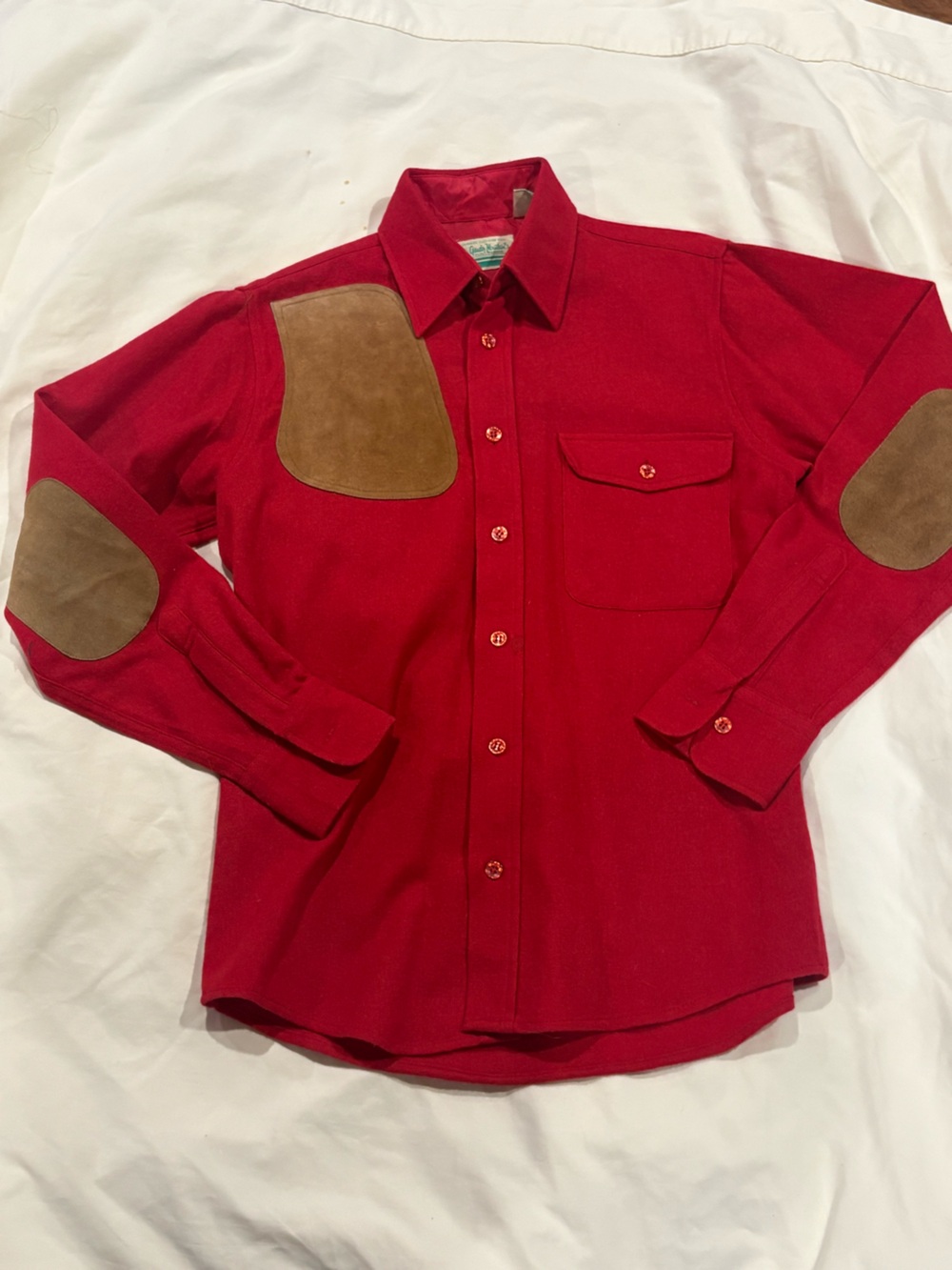 VTG 70s Gander Mountain Red Wool Blend Field Hunting Shirt Suede Patch S